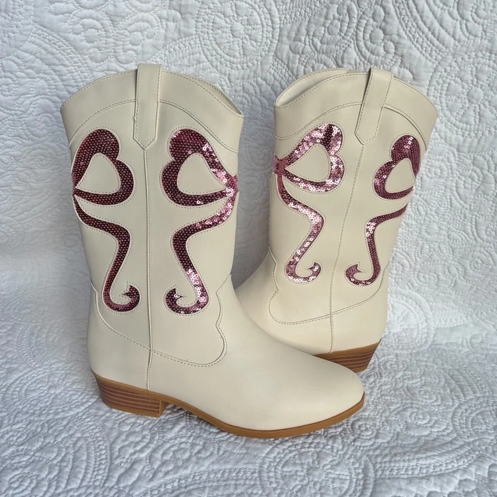 Cupcakes & Cashmere Kids Baysie Cream Cowboy Boots Pink Sequin Hearts Size 5